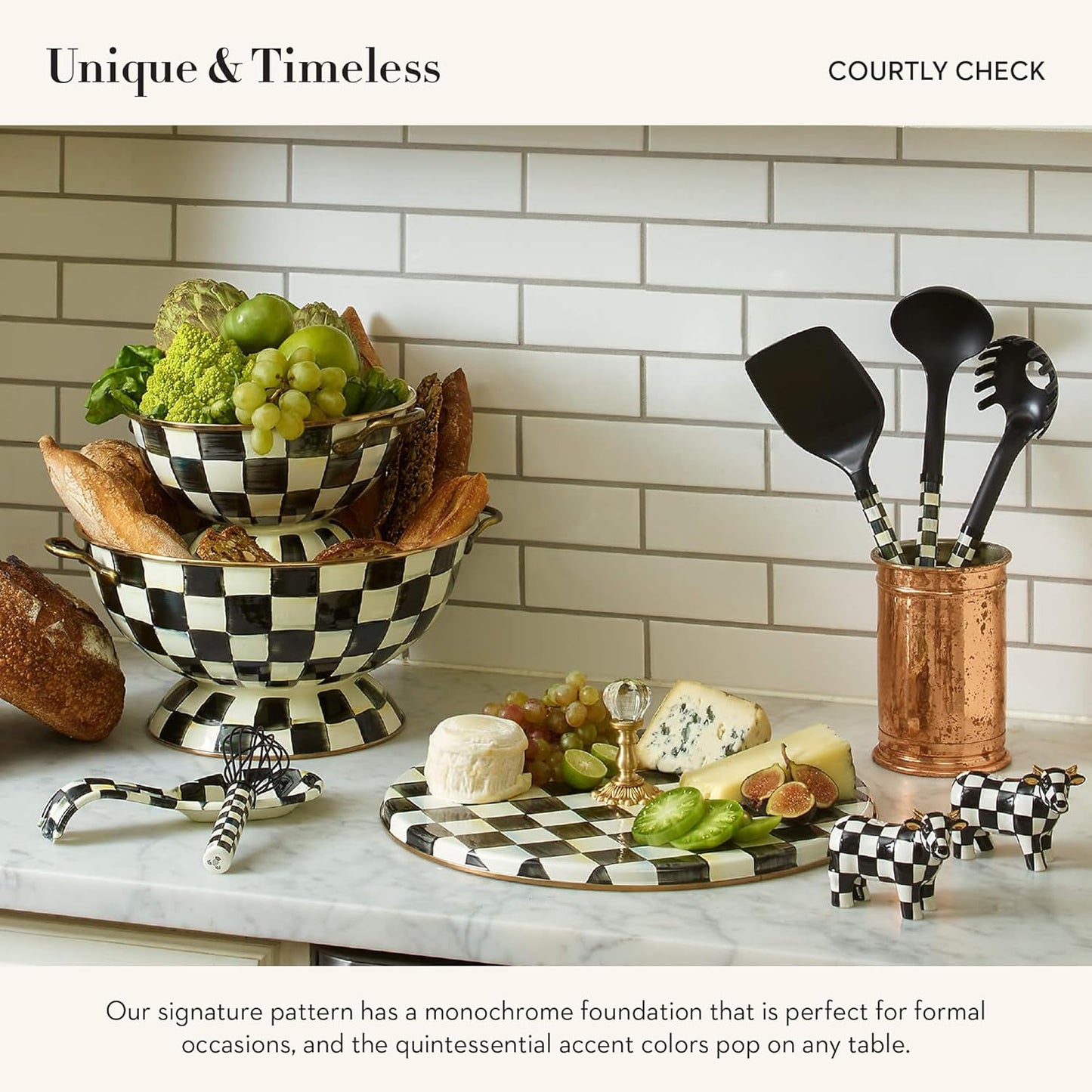 MACKENZIE-CHILDS Enamel Bowl, Small Serving Bowl for Entertaining, Almost Everything Bowl, Black-and-White Courtly Check