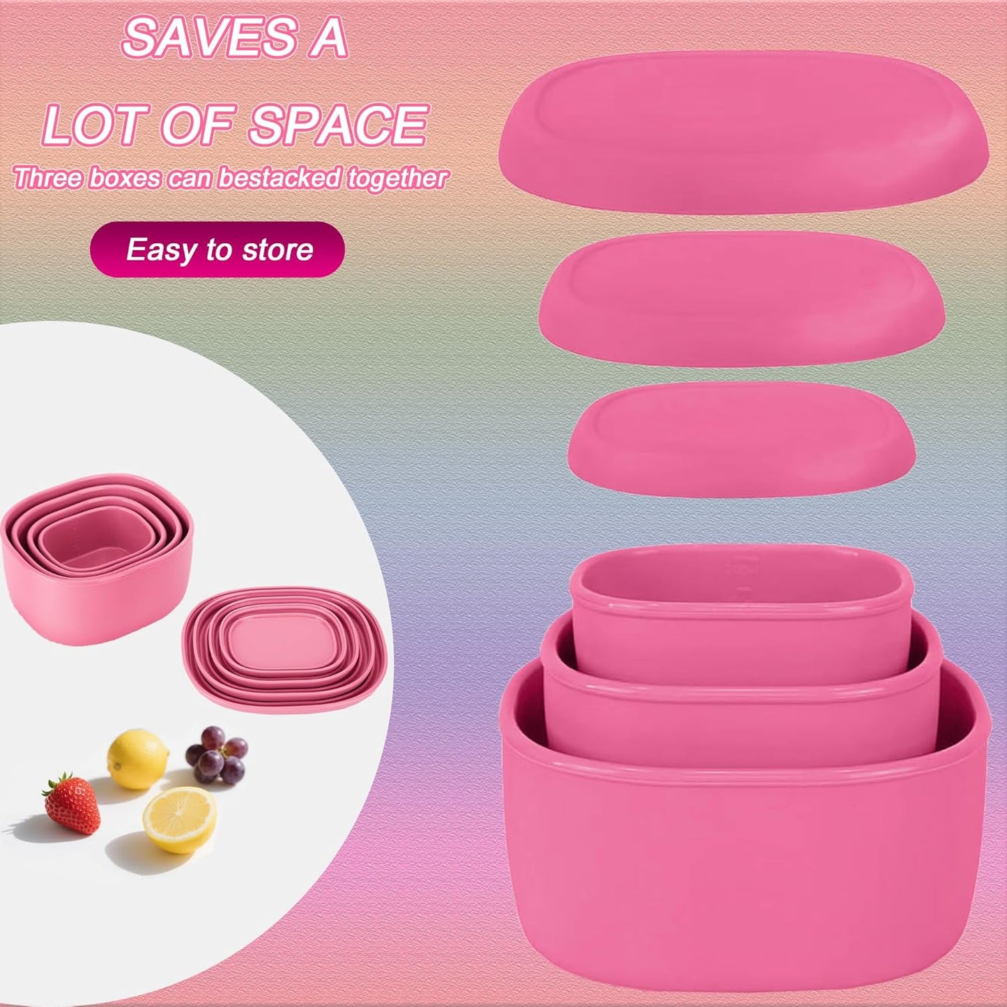 Reusable Nesting Silicone Food Storage Containers, Set of 3 Lunch Box Bento with Lids, Airtight Snack Container, BPA Free, Dishwasher Microwave Oven Freezer Safe (6.7oz, 10oz, 20oz) (Pink)