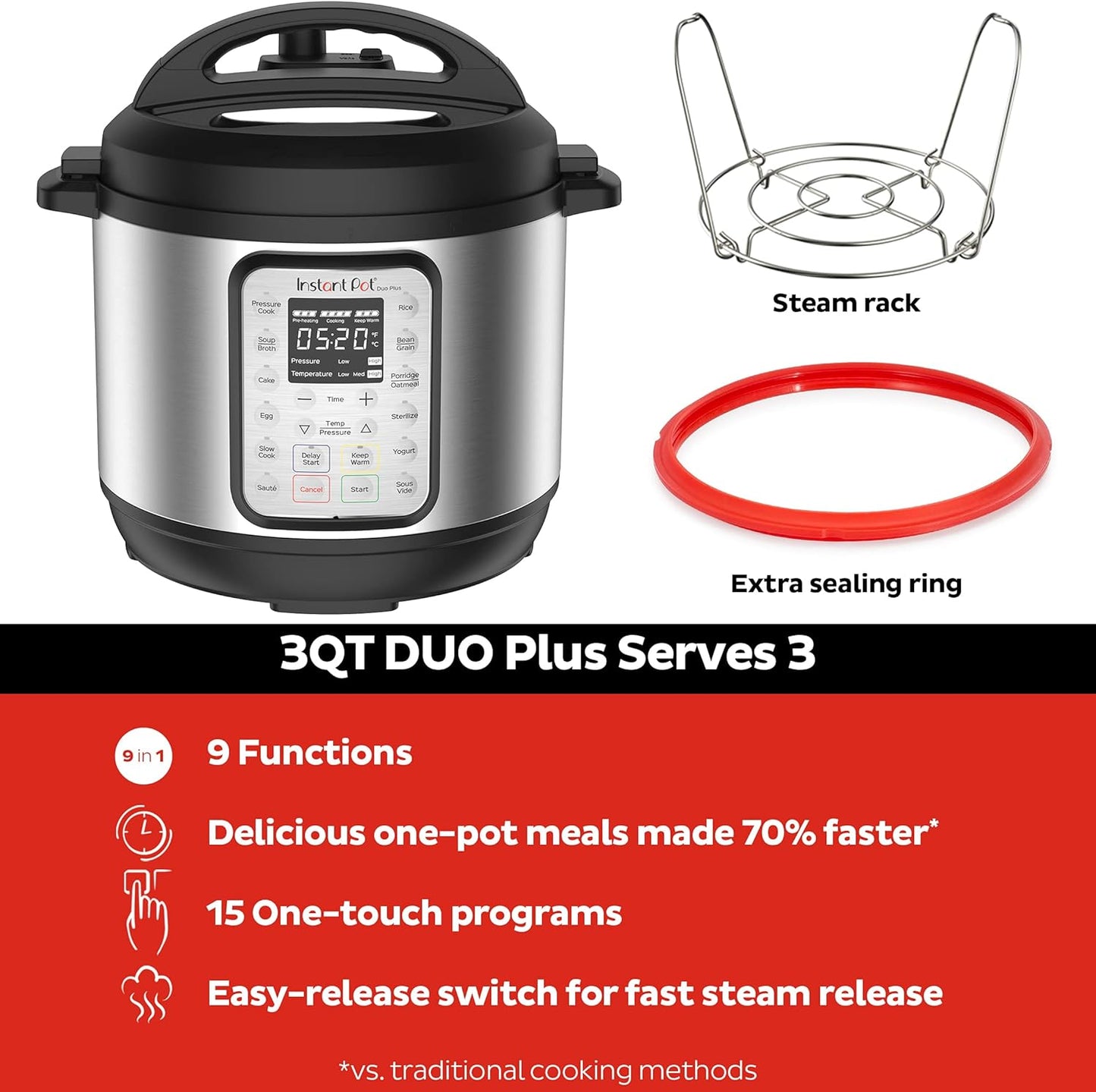 Instant Pot Duo Plus 9-in-1 Electric Pressure Cooker, Slow Cooker, Rice Cooker, Steamer, Sauté, Yogurt Maker, Warmer & Sterilizer, Includes App With Over 800 Recipes, Stainless Steel, 3 Quart
