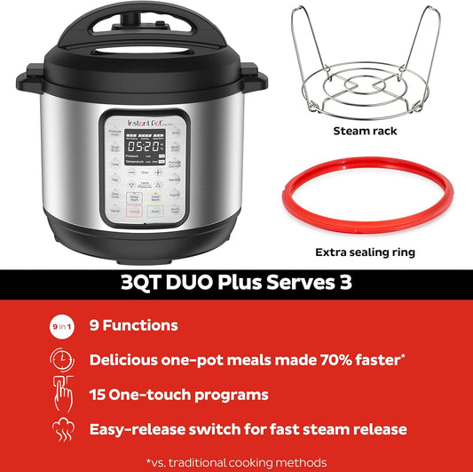 Instant Pot Duo Plus 9-in-1 Electric Pressure Cooker, Slow Cooker, Rice Cooker, Steamer, Sauté, Yogurt Maker, Warmer & Sterilizer, Includes App With Over 800 Recipes, Stainless Steel, 3 Quart