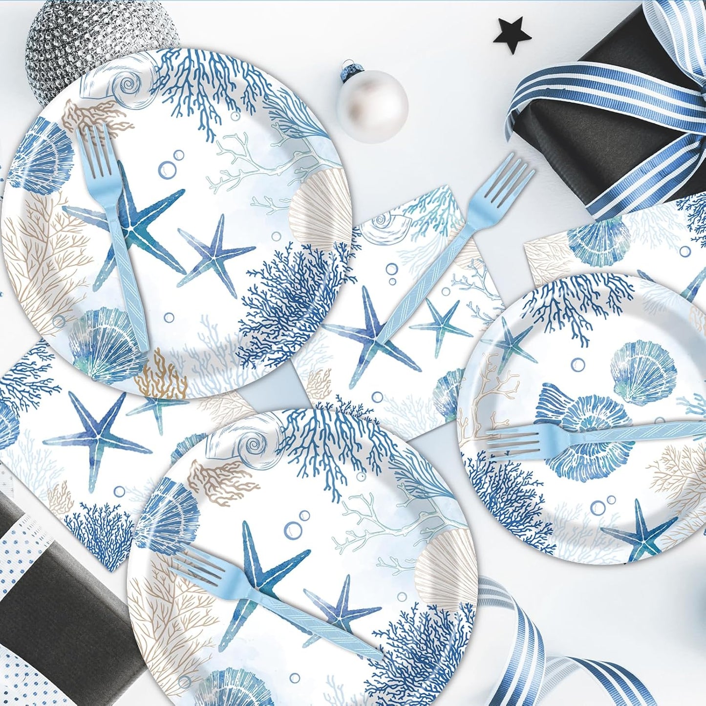 Rakuto Ocean Themed Party Decorations, 96PCS Beach Seashell Plates Napkins and Forks Set, Starfish Coral Disposable Tableware for Birthday Baby Shower Serves 24