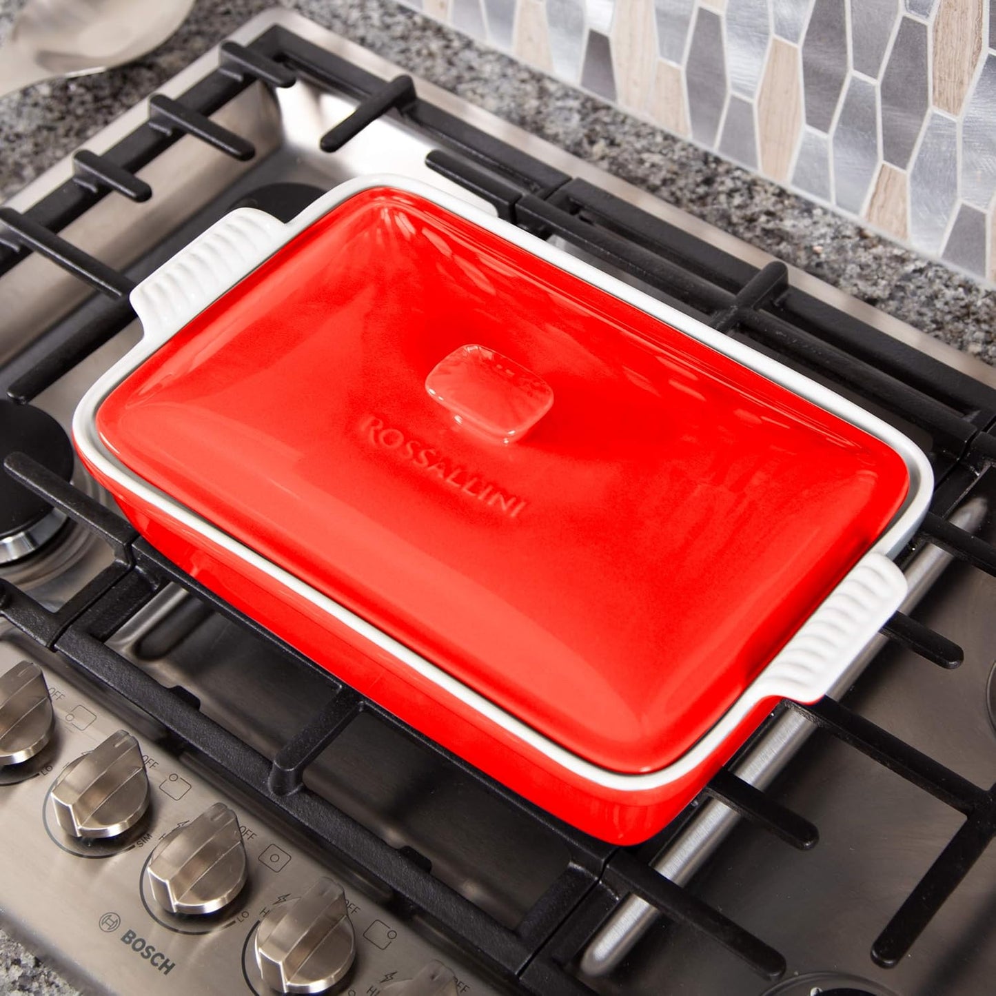 Stoneware Casserole Dish Bakeware Set with Lid, Covered Rectangular Dinnerware, Extra Large 4.23 Quart, 13 by 9 Inch, Rosso [Red]