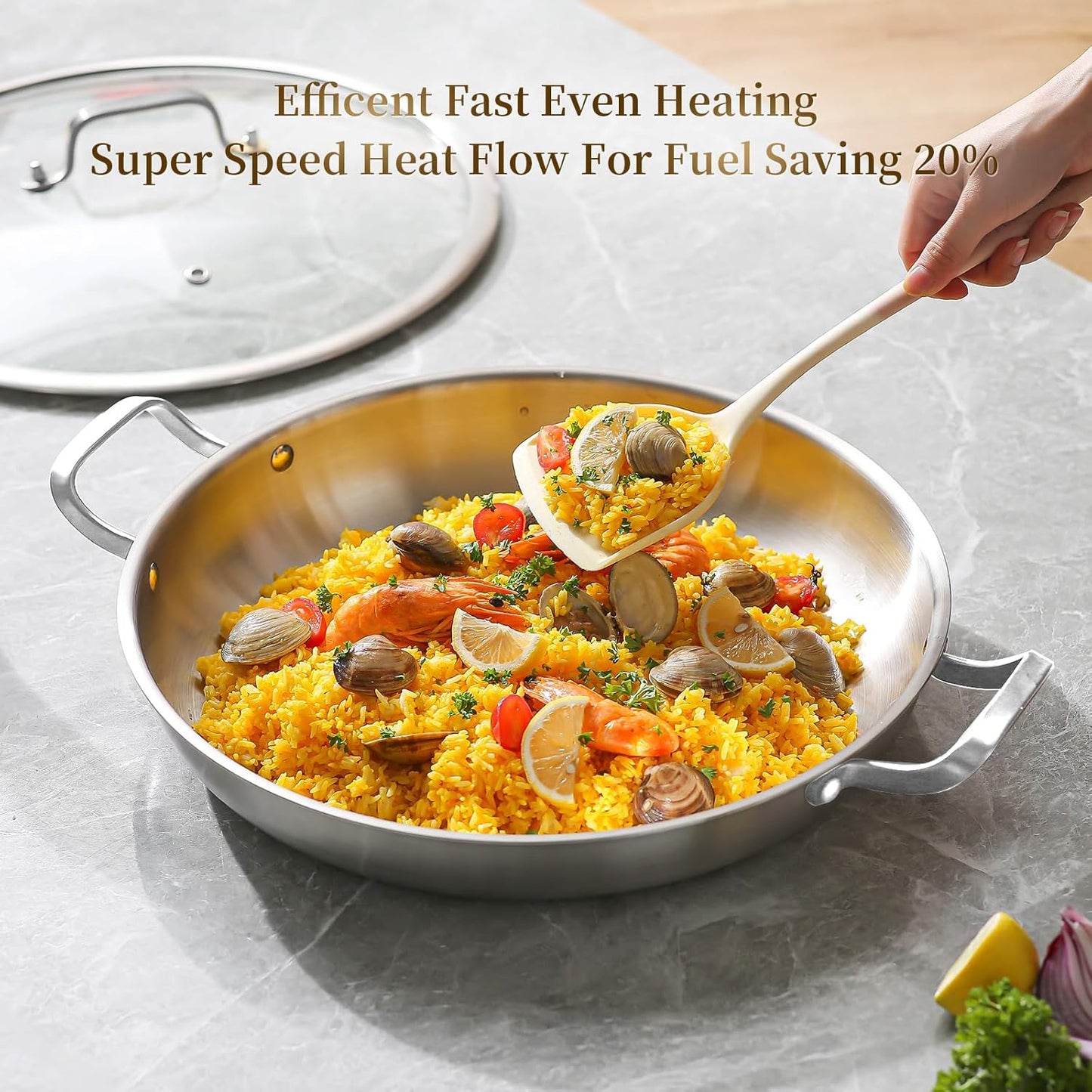 DELARLO Paella Pan 14 Inch Tri-Ply Stainless Steel Paella Pan with Lid, Jumbo Frying Pan, kitchen Induction Large Skillets,Great for Paella Parties Indoors Outdoors,Heavy Duty Style