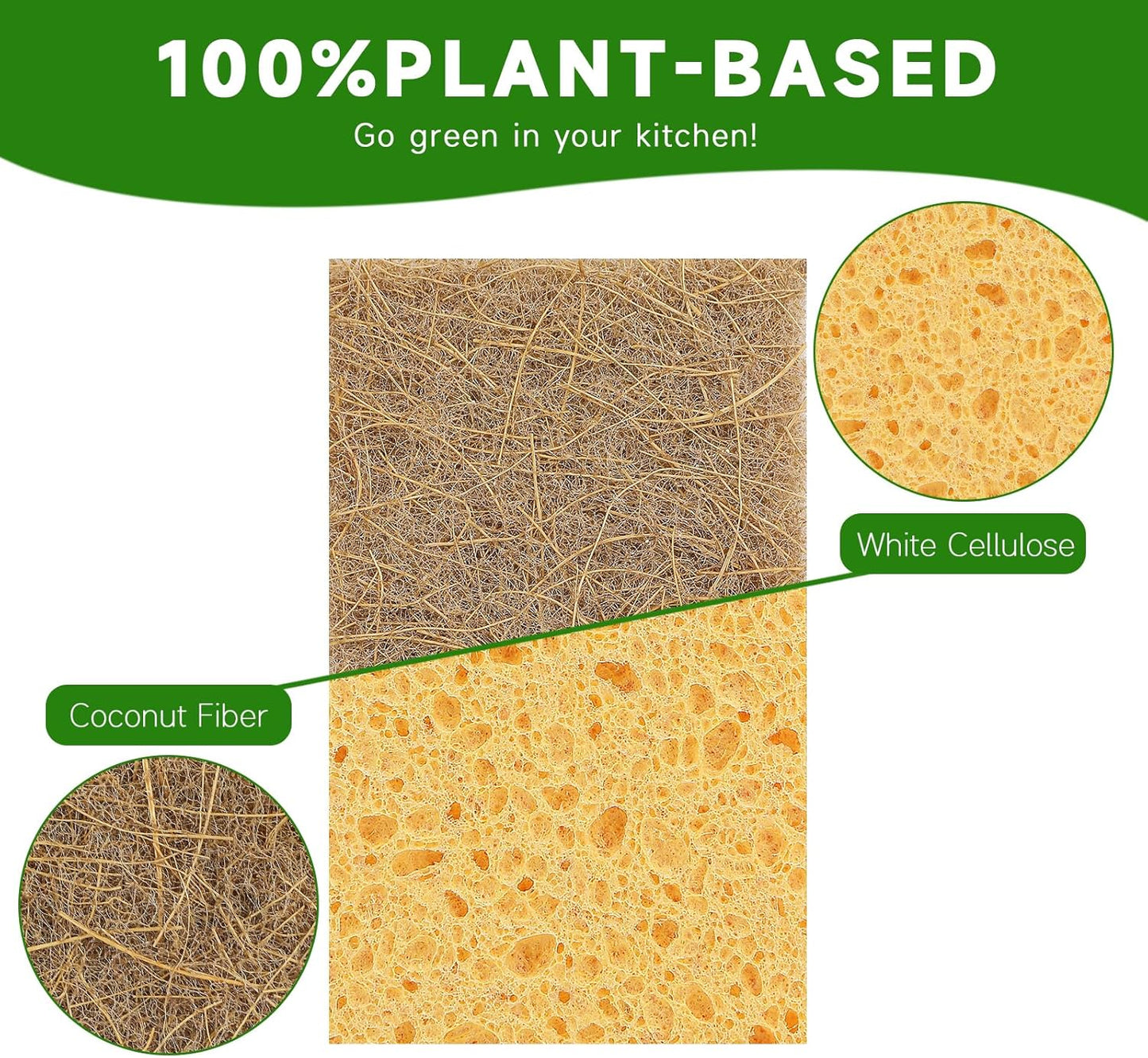 10 Pack Biodegradable Natural Sponges Kitchen - Compostable Cellulose and Coconut Walnut Scrubber Sponge - Eco Friendly Sponges for Dishes