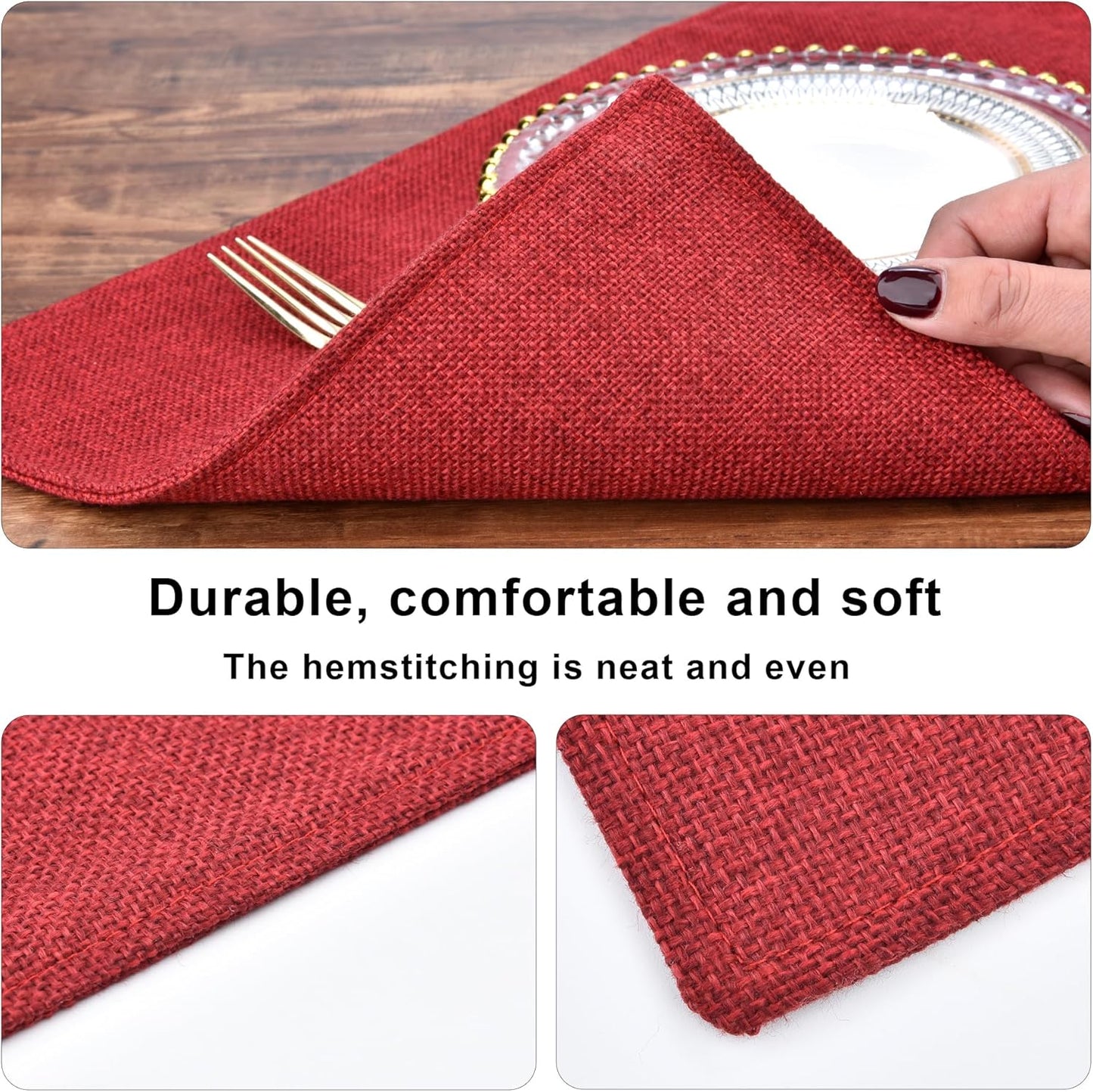 SLKQG Christmas Linen-Look Fabric Placemats Set of 4 - Holiday Dining Table Mats for Festive Decor, Heat Resistant & Machine Washable, Place Mats for Dinner Parties, Xmas Gift for Home (4, Wine Red)