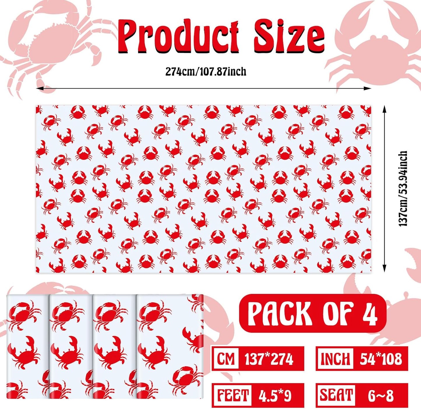 Juexica 4 Pcs 54 x 108 Inch Crab Boil Party Table Cloth Summer Seafood Party Supplies Plastic Crab Tablecover Decorations Rectangular for Sea Animals Dining Kitchen Centerpiece