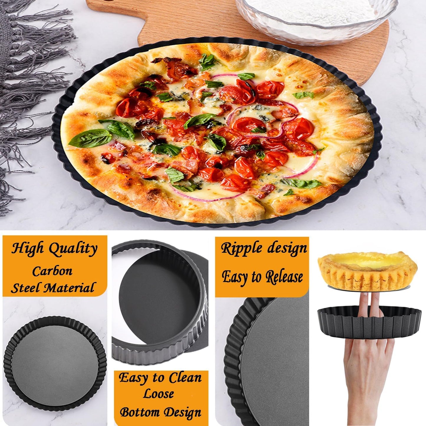 Tart Pans 9 Inch with Removable Bottom Fluted Pie Tart Pans, Round Non-Stick Pan Quiche Pan, for Baking Pizza Mousse Cakes, Christmas Dessert