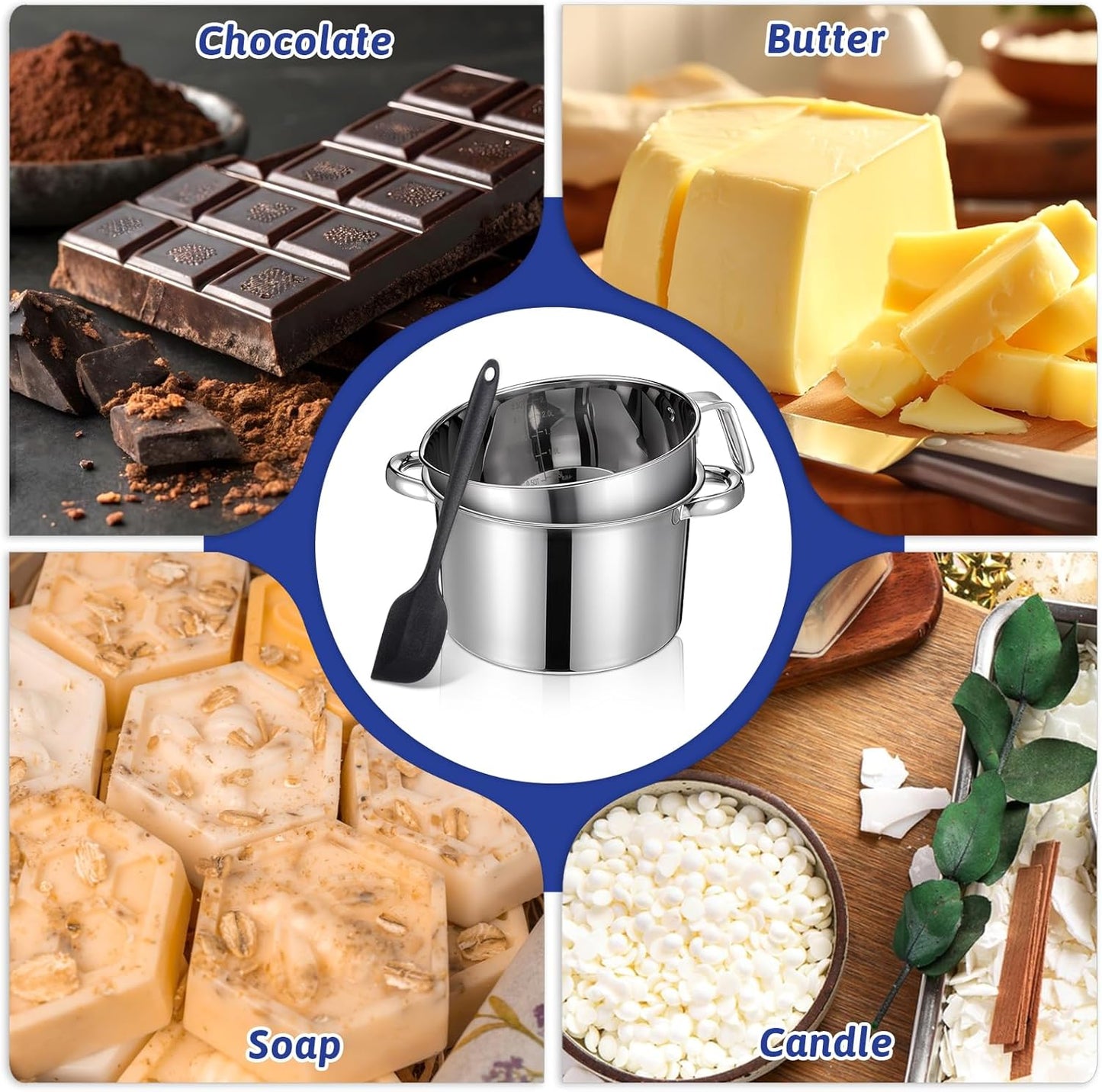 3-Piece Double Boiler, Chocolate Melting Pot Set Include 2500ml/2.3QT Mixing Bowl and 4000ml/3.63qt Stainless Steel Pot, Silicone Spatula, For Candy, Soap Wax Candle Making Supplies, Induction Safe