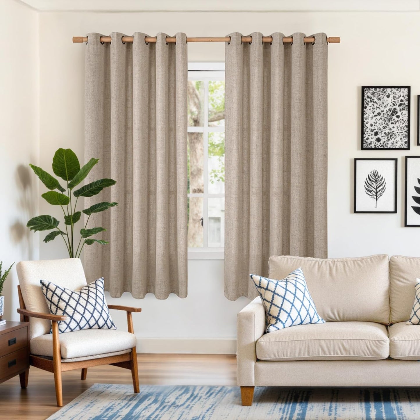 YoungsTex Linen Curtains 63 Inches Length Textured Short Drapes with Bronze Grommet 60 Inch Wide Light Filtering for Living Room Bedroom Dining Room, Dark Oatmeal, 60 x 63 Inch, 2 Panels