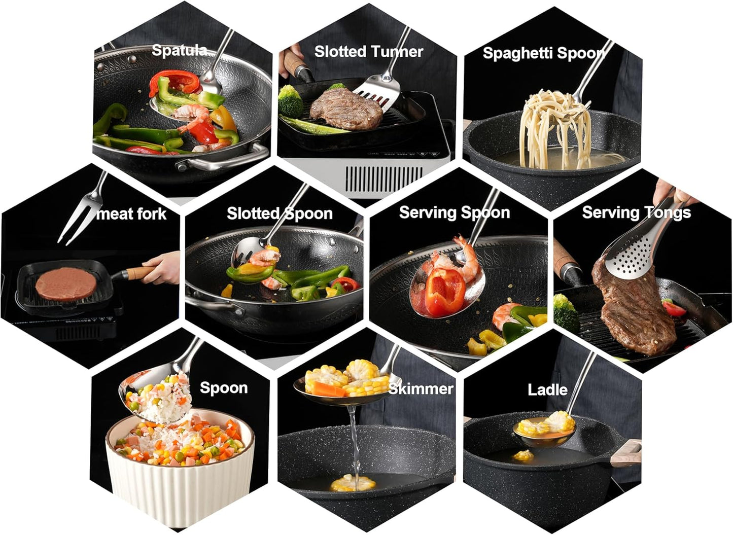 304 Stainless Steel Kitchen Utensil 11 PCS For Cooking, Solid Spoon, Slotted Spoon, Fork, Spatula, Ladle, Skimmer, Slotted Spatula Tunner, Spaghetti and Large Spoon, Tongs