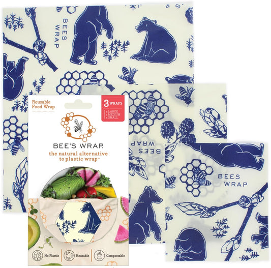 Bee's Wrap Beeswax Wraps for Food - Made in USA Reusable & Organic Food Wraps, Sandwich Wrap & Bowl Covers - Eco-Friendly Alternative to Aluminum Foil & Plastic Wrap, Bee's + Bears 3 Pack (S, M, L)