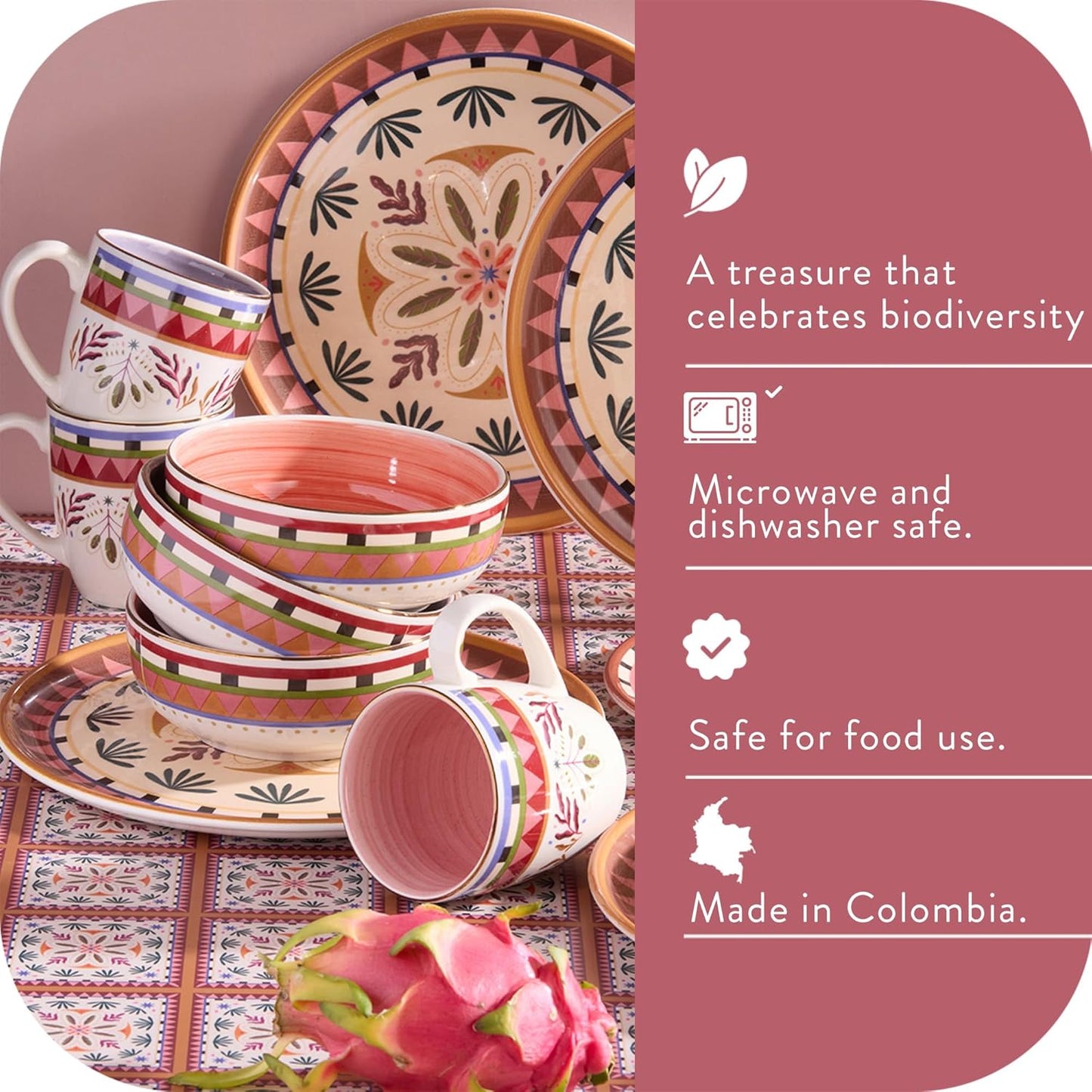 Corona 16–piece Colorful Wild Jungle Animals Inspired Ceramic Dinnerware Sets | Plates, Bowls and Mugs | Service For 4 | Selvatica