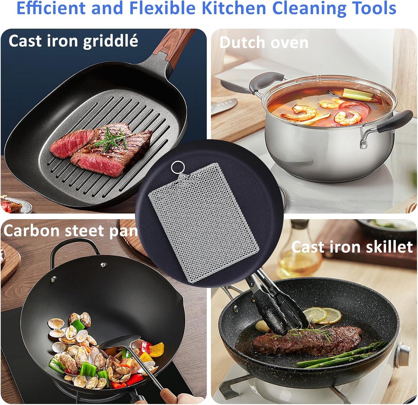 316L Stainless Steel Cast Iron Scrubber Cleaner,Chain Mail Scrubber with Silicone Insert for Cast Iron Skillet, Cleaning Steel Skillet, Wok, Carbon Steel (10CM*12CM)