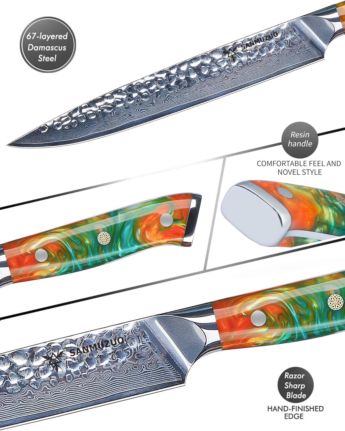 9 Inch Carving Knife, Slicing Knife - Hammered Damascus Steel & Resin Handle - Yao Series