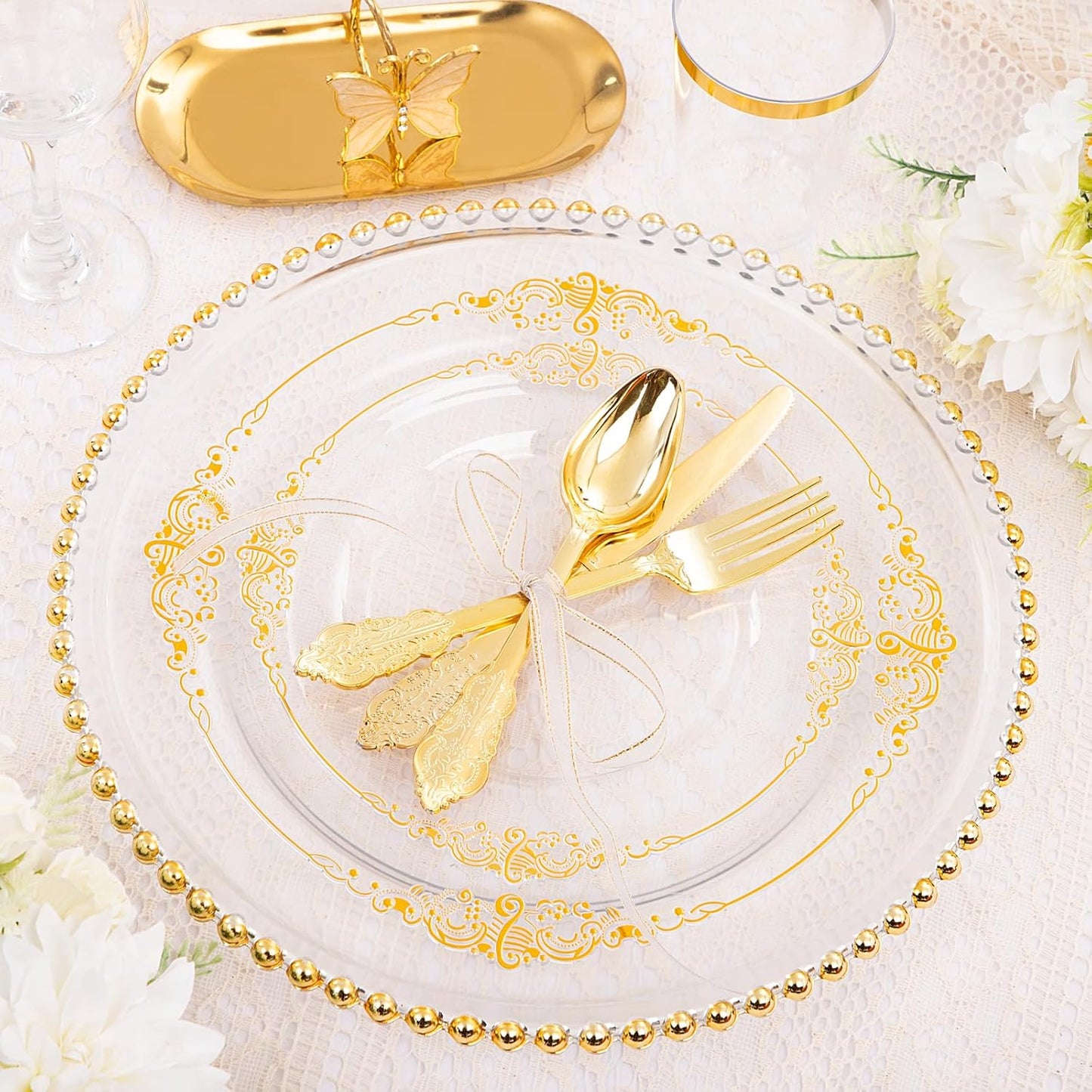 Hioasis 210pcs Clear and Gold Plastic Plates - Elegant Disposable Dinnerware Set Suitable for 30 Guests Include 10.25" Dinner & 7.5" Dessert Plates, Pre Rolled Silverware Set, Cups for Party & Wedding