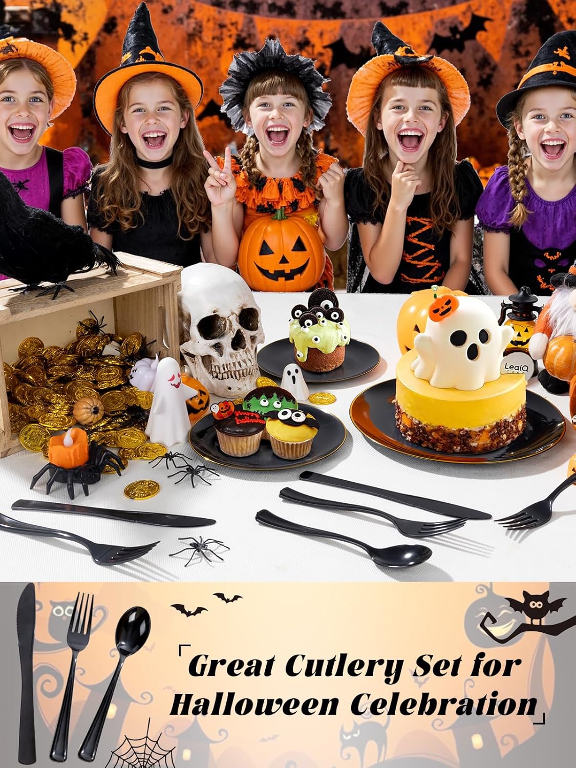 WDF 180 Pieces Black Plastic Silverware - Plastic Silverware Set Include 60 Forks, 60 Knives, 60 Spoons - Heavy Duty Black Disposable Cutlery - Disposable Utensils for Halloween Party, Wedding