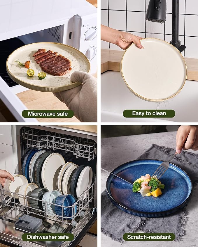 Famiware Star Dinnerware Set with Pasta Bowls, Service for 6 (24 Pieces), Ribbed Stoneware Plates and Double Bowls Sets with Trim - Chip & Scratch Resistant, Microwave & Dishwasher Safe Dishes, White