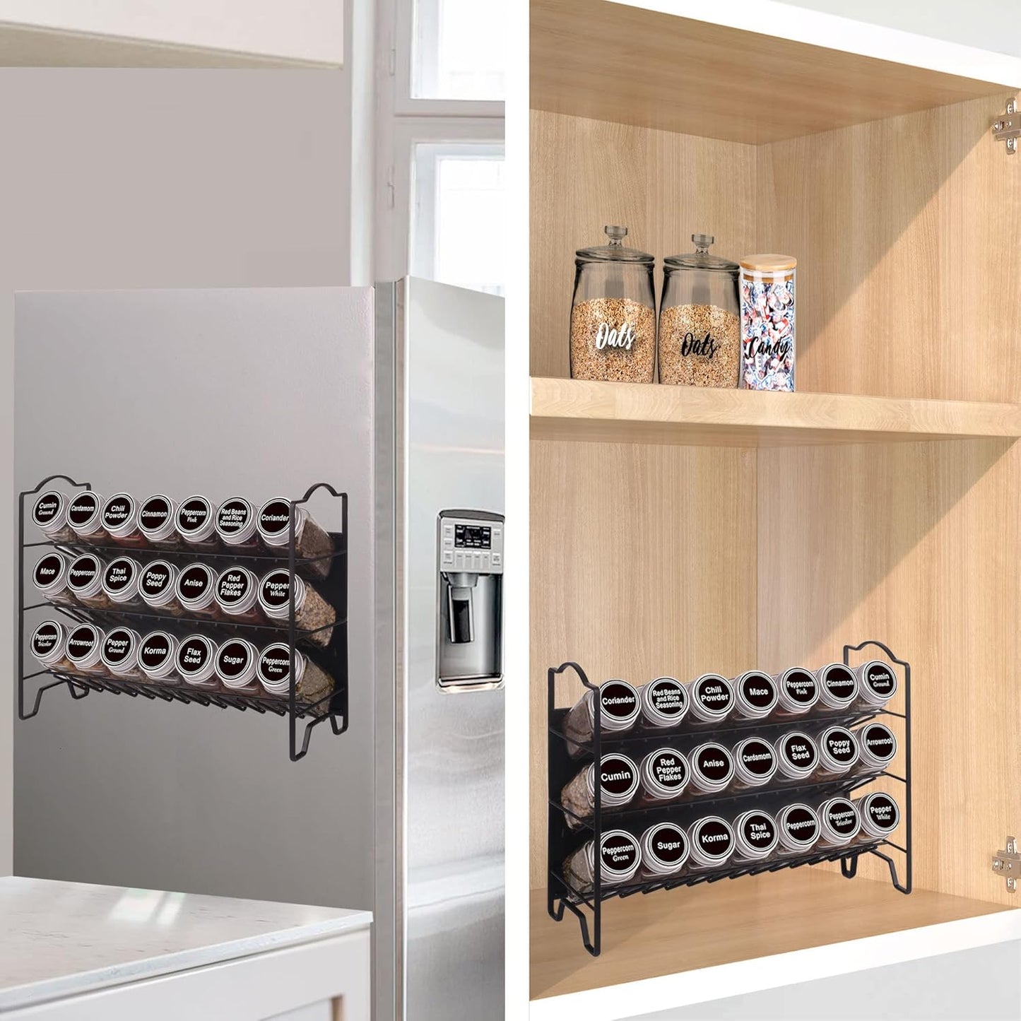 SWOMMOLY Magnetic Spice Rack for Refrigerator with 21 Spice Jars, 396 Spice Labels Set, 3 Tier Spice Rack Organizer for Cabinet, Countertop, Fridge, Pantry, Black