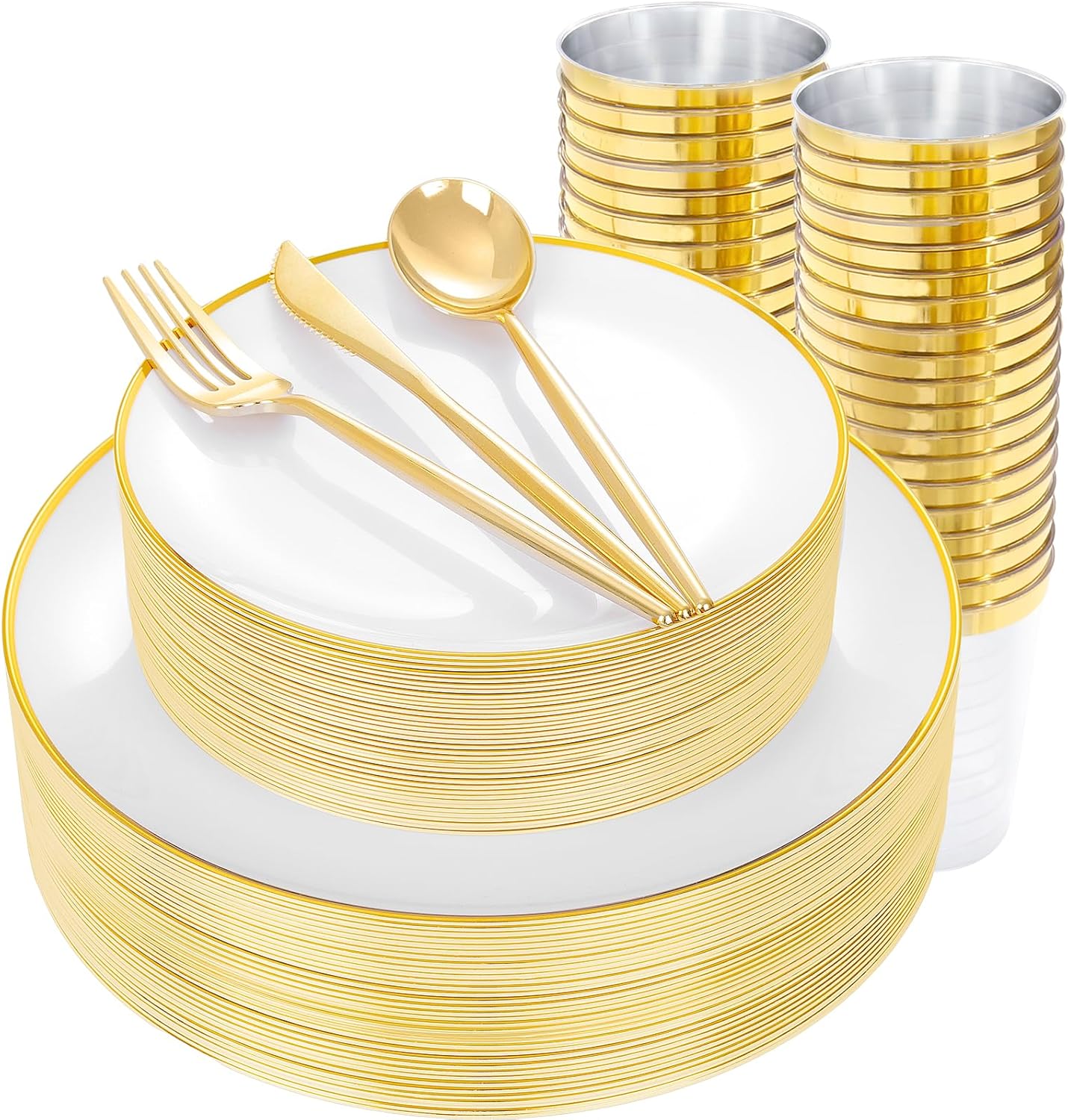 EI 180pcs White and Gold Plastic Plates,Gold Plastic Plates for Party,Fancy Plate Disposable Dinnerware Sets,Gold Disposable Silverware and Cups for Wedding,Baby Shower
