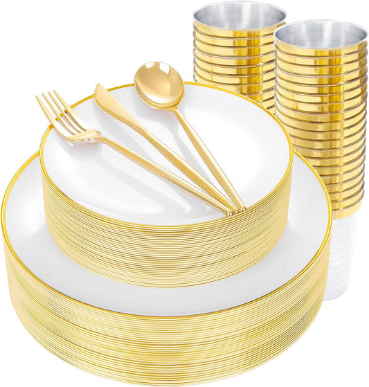 EI 180pcs White and Gold Plastic Plates,Gold Plastic Plates for Party,Fancy Plate Disposable Dinnerware Sets,Gold Disposable Silverware and Cups for Wedding,Baby Shower