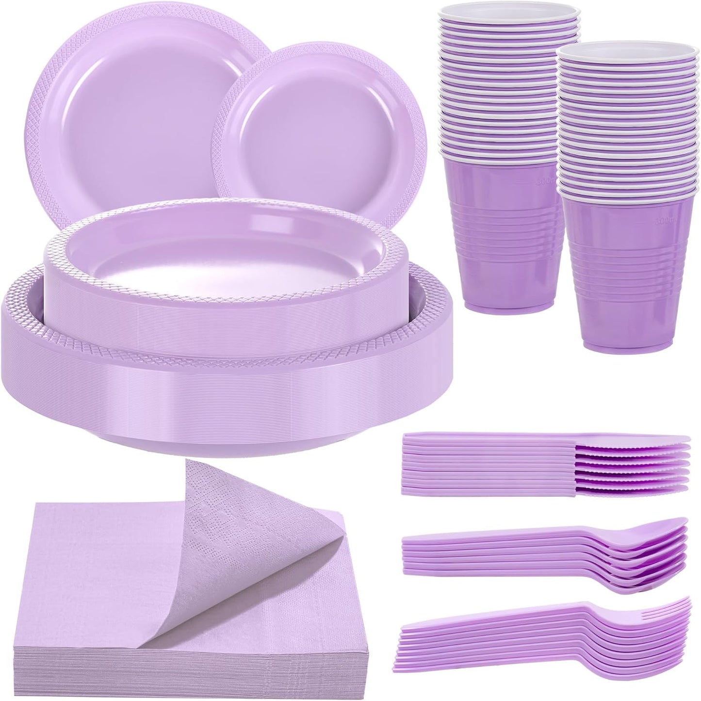 WELLIFE 210Pcs Lavender Plates,Light Purple Plastic Dinnerware Set,Party Supplies Including purple plates, 12OZ Cups, plastic Cutlery and Paper Napkins Serve 30 Guests, Disposable Plates for Party