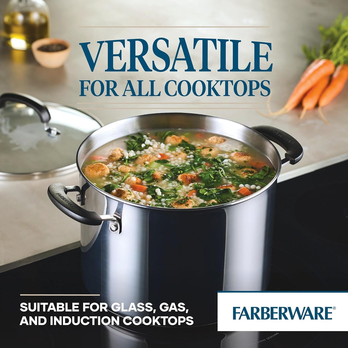 Farberware Brilliance Stainless Steel Stockpot with Glass Lid, 8 Quart, Dishwasher Safe and Induction Ready, Compatible with All Cooktops, Stainless Steel