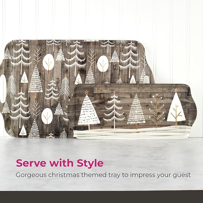 Pimpernel Home Collection Rectangular Melamine Tray – (15" x 6.5") Lightweight Serving Platter with Wood Finish & White Evergreen Design, Decorative Accent for Tabletop, Dining & Entertaining