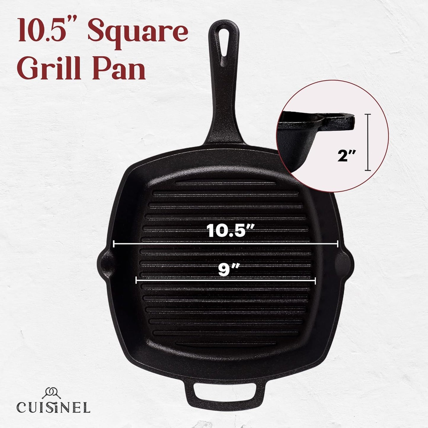 Cuisinel Cast Iron Grill Pan + Rectangular Cast Iron Grill Press + Tempered Glass Lid + Pan Scraper – Pre-Seasoned Ribbed Skillet – 10.5"-Inch Square Grilling Indoor/Outdoor Camping Fire BBQ Cookware