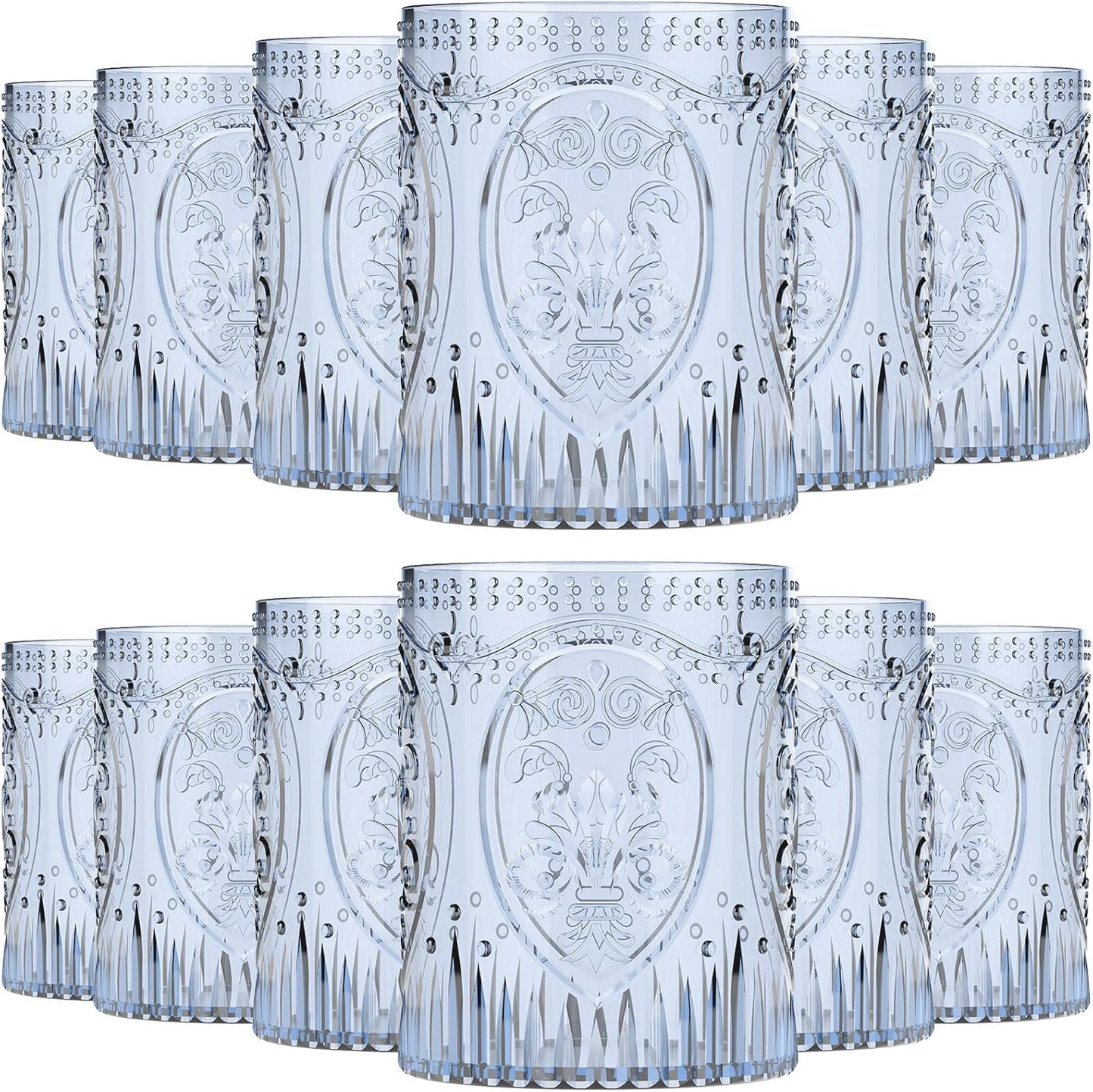 12 Plastic Vintage Drinking Glasses 8.5oz Stemless Retro Embossed Wine Glasses Shatterproof Reusable Cups for Baby Shower Wedding Reception Grand Event Party (Blue)