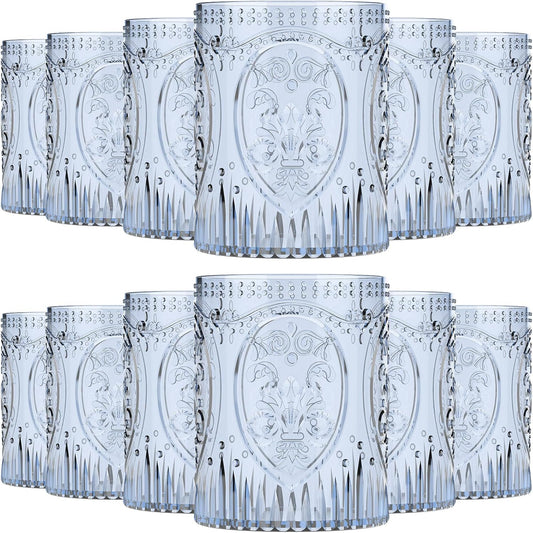 12 Plastic Vintage Drinking Glasses 8.5oz Stemless Retro Embossed Wine Glasses Shatterproof Reusable Cups for Baby Shower Wedding Reception Grand Event Party (Blue)