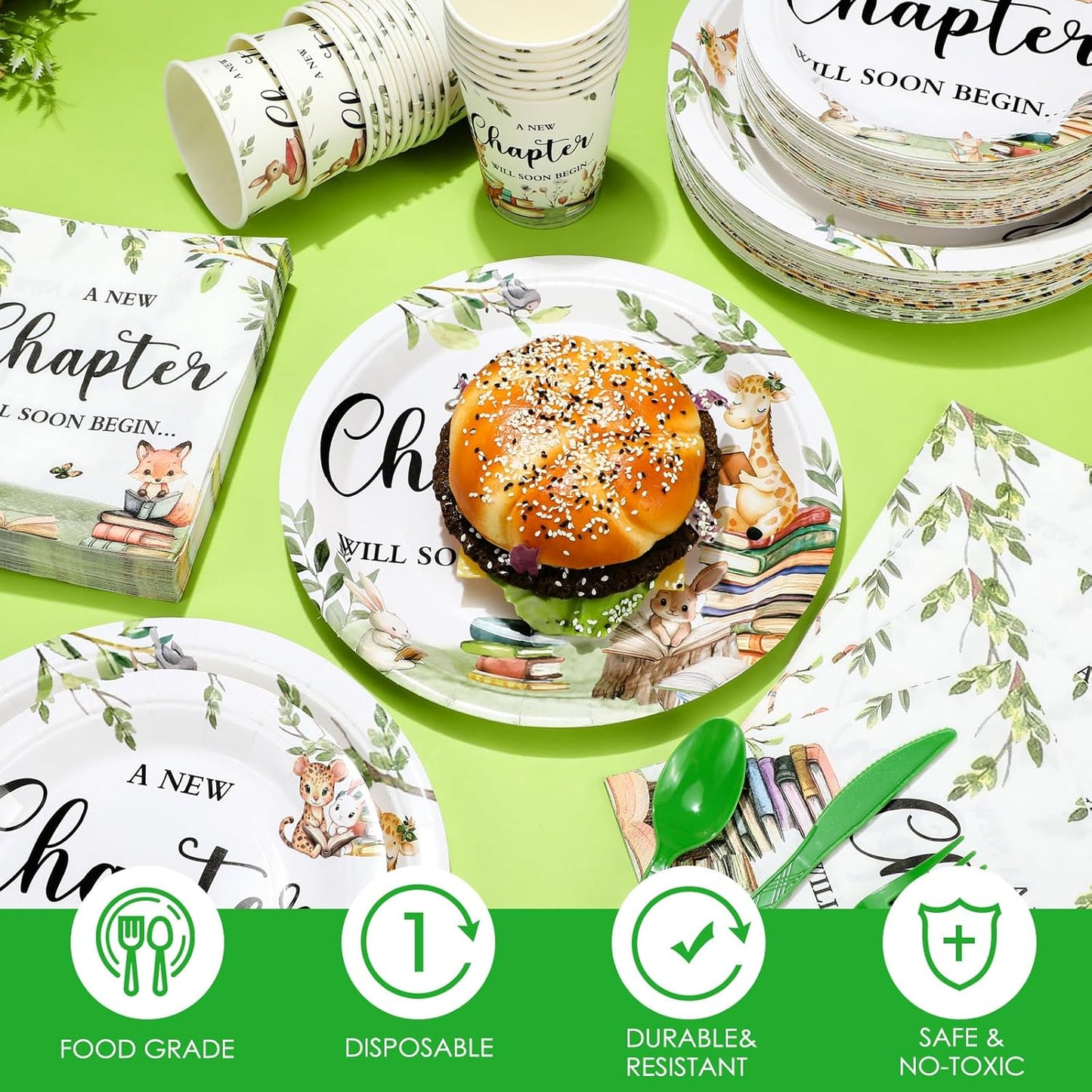 Dandat 350 Pcs Baby Shower Plates Set Baby Shower Party Supplies Serves 50 Tableware Sets Include Plates Napkin Cup Forks Knives Spoons Disposable Dinnerware(Storybook,Green)