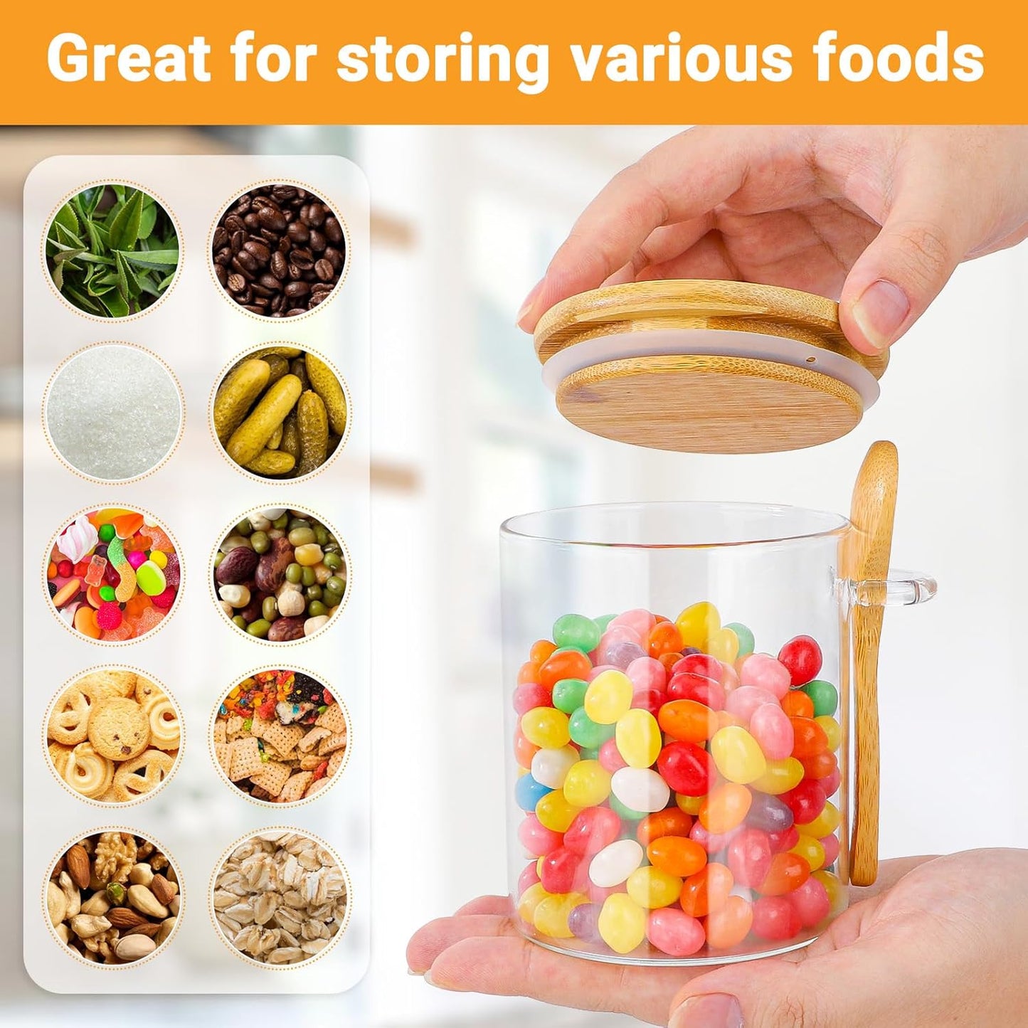 Glass Jars with Bamboo Lids - 4 Pack 15 Fl.oz Round Glass Storage Jars with Airtight Lid and Spoon, Clear Stackable Food Container for Overnight Oats, Spice, Coffee, Sugar, Tea Canister