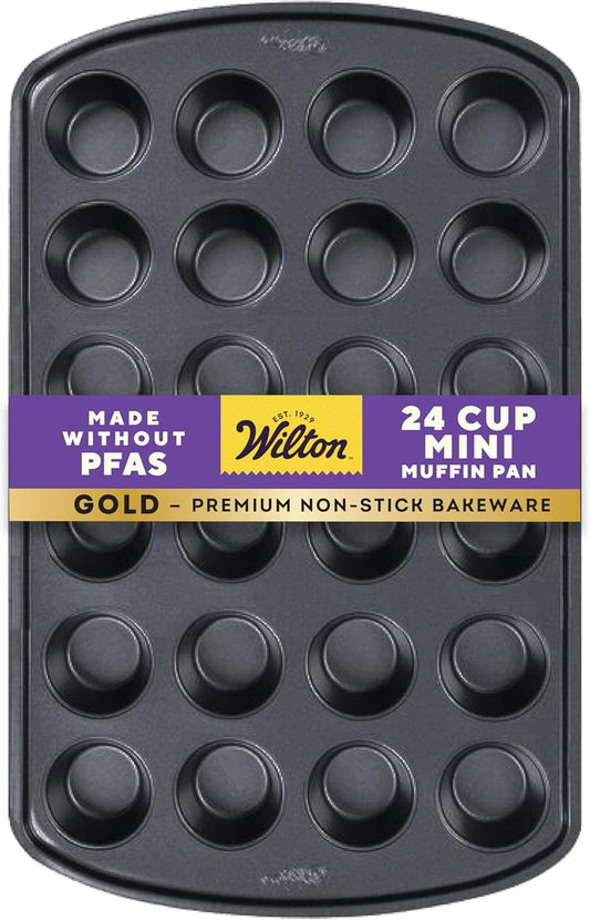 Wilton Gold Non-Stick 24-cup Muffin Pan, Stainless Steel Bakeware, Made without PFAs, 16 x 10 x 1 in., Packaging may Vary
