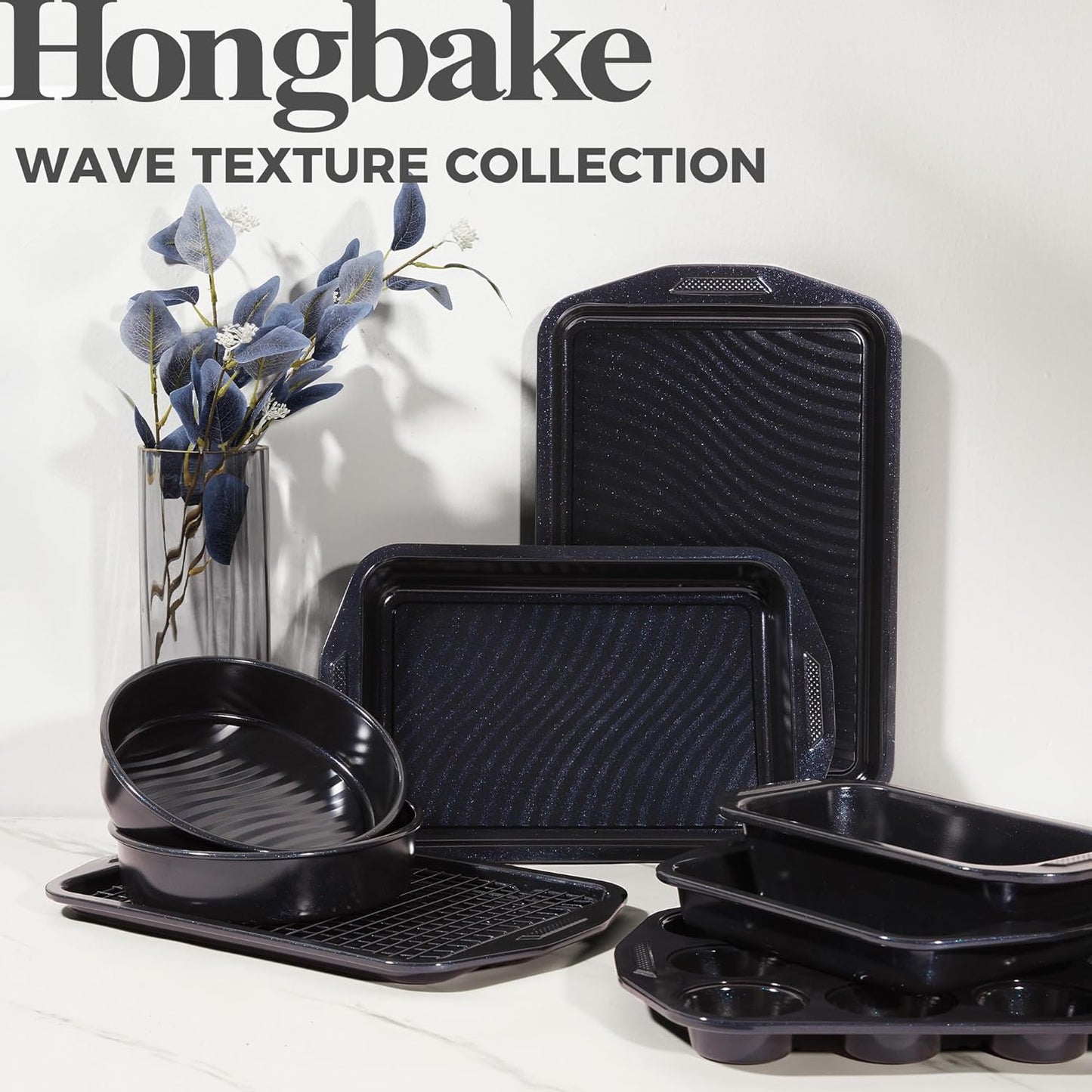 HONGBAKE 9-Piece Baking Pans Set with Wave Texture, 0.8mm Thick Bakeware Sets Non Stick, Includes Stackable Cookie Sheets for Oven Cooking, Cake Pan, Muffin Pan, Loaf Pan, Roasting Pan, Rack, Blue