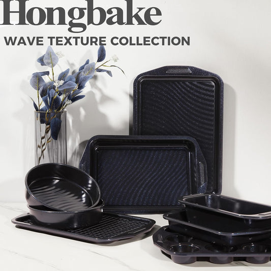 HONGBAKE 9-Piece Baking Pans Set with Wave Texture, 0.8mm Thick Bakeware Sets Non Stick, Includes Stackable Cookie Sheets for Oven Cooking, Cake Pan, Muffin Pan, Loaf Pan, Roasting Pan, Rack, Blue