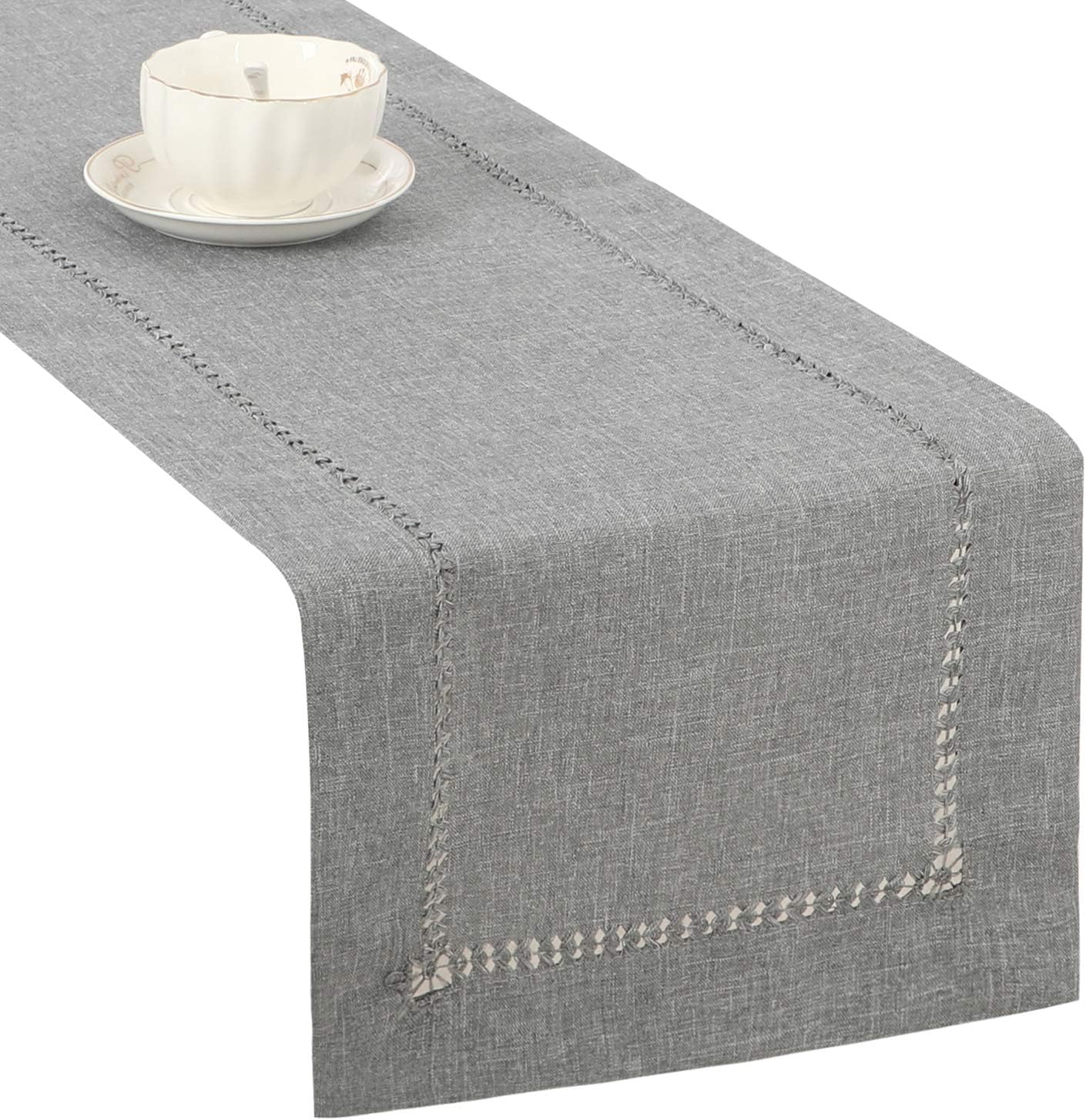 Tosewever Decorative Hemstitch Linen Table Runner Farmhouse Style Tabletop Collection Handcrafted Table Runners for Everyday Dining Wedding Party Holiday Home Decor (14 x 72 Inches, Grey)