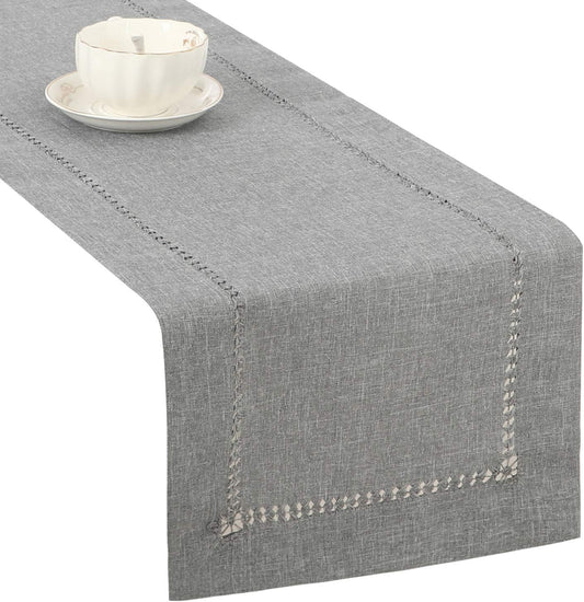 Tosewever Decorative Hemstitch Linen Table Runner Farmhouse Style Tabletop Collection Handcrafted Table Runners for Everyday Dining Wedding Party Holiday Home Decor (14 x 72 Inches, Grey)