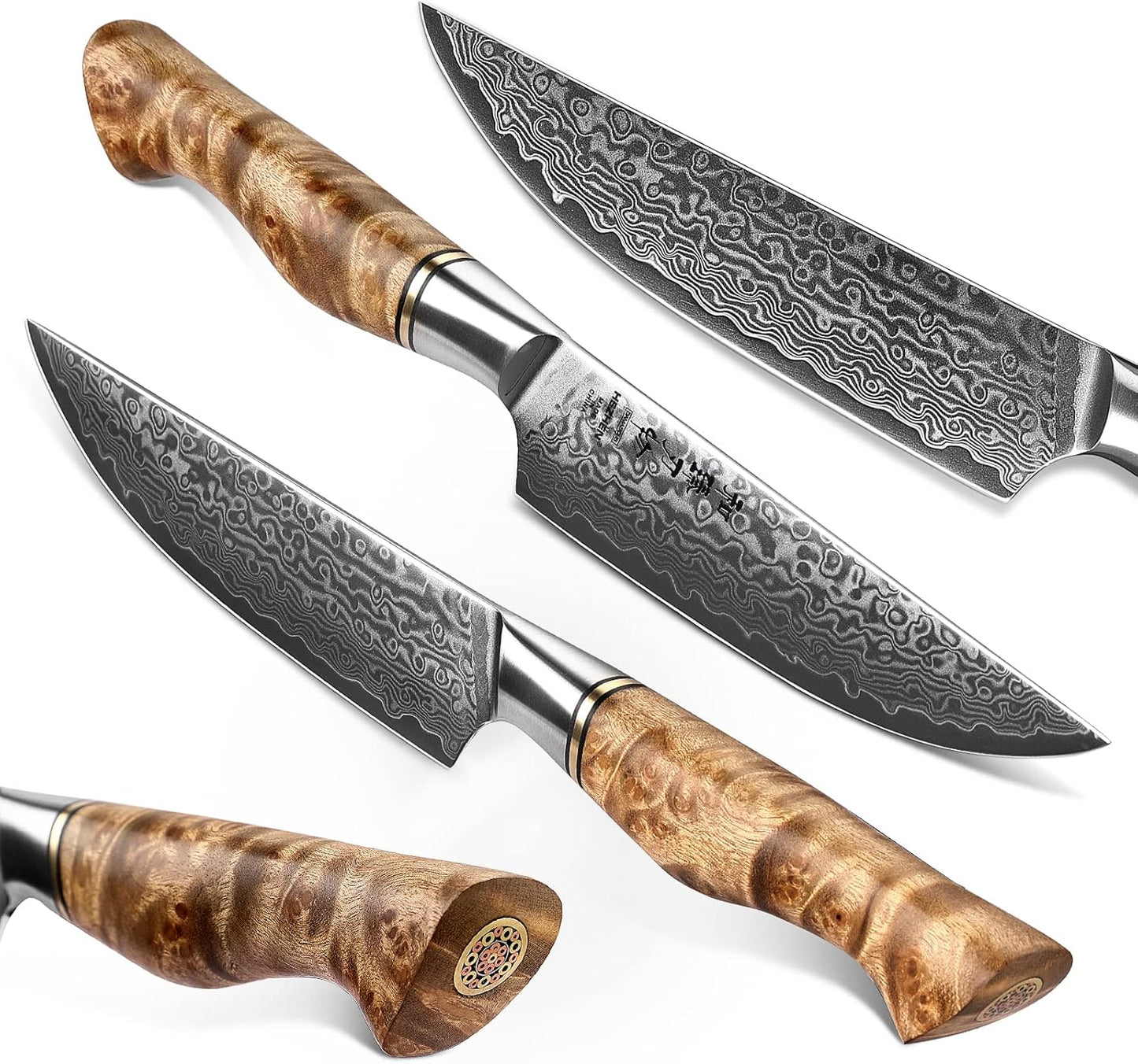 HEZHEN 6PCS Kitchen Knife Set Professional Forged Damascus High Carbon Steel Steak Knife Figured Sycamore Wood Handle-Porcelain Gift Package