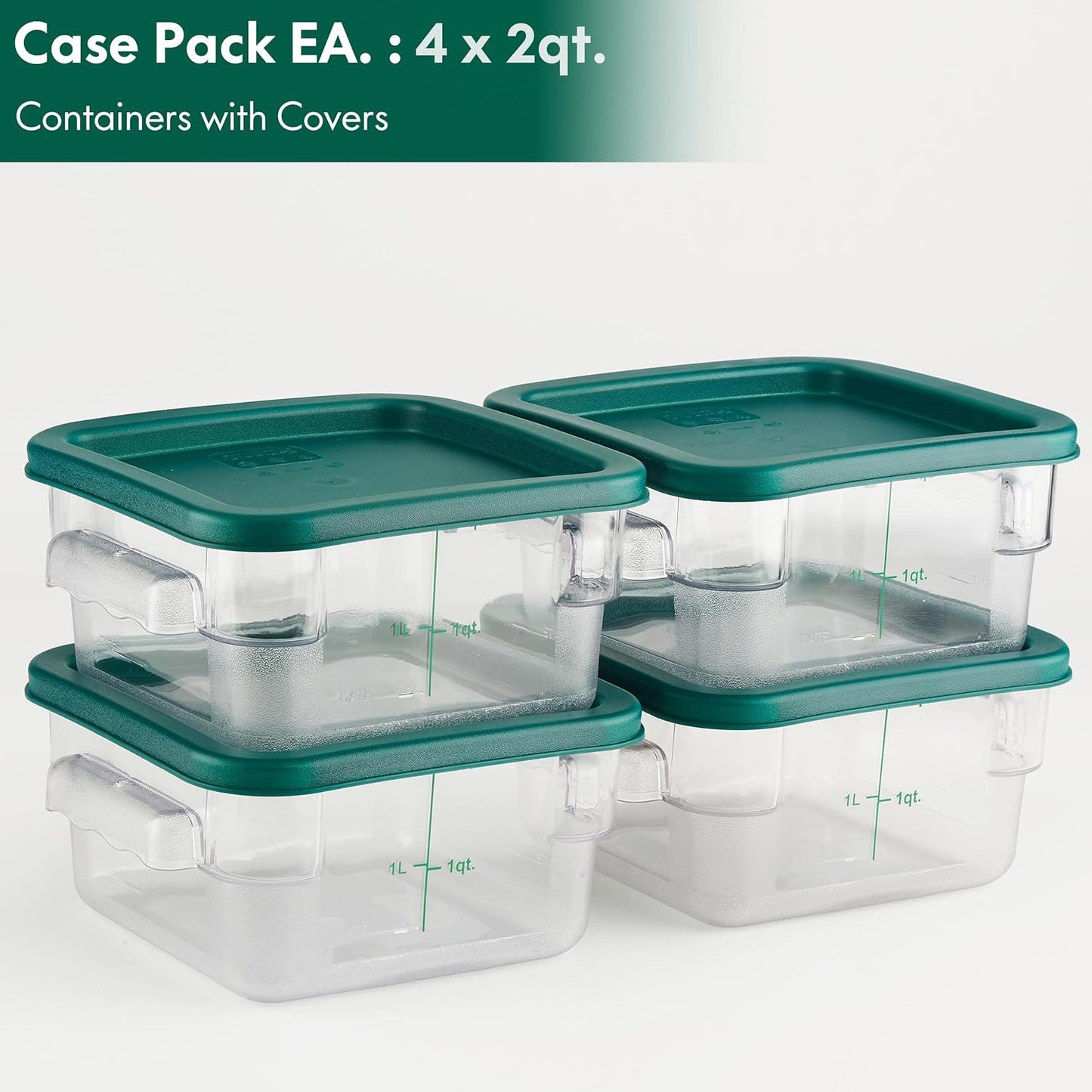 CURTA 4 Pack Food Storage Container with Green Lid - NSF Listed Commercial Grade in 2.0 Qt - Square, Clear, Polycarbonate