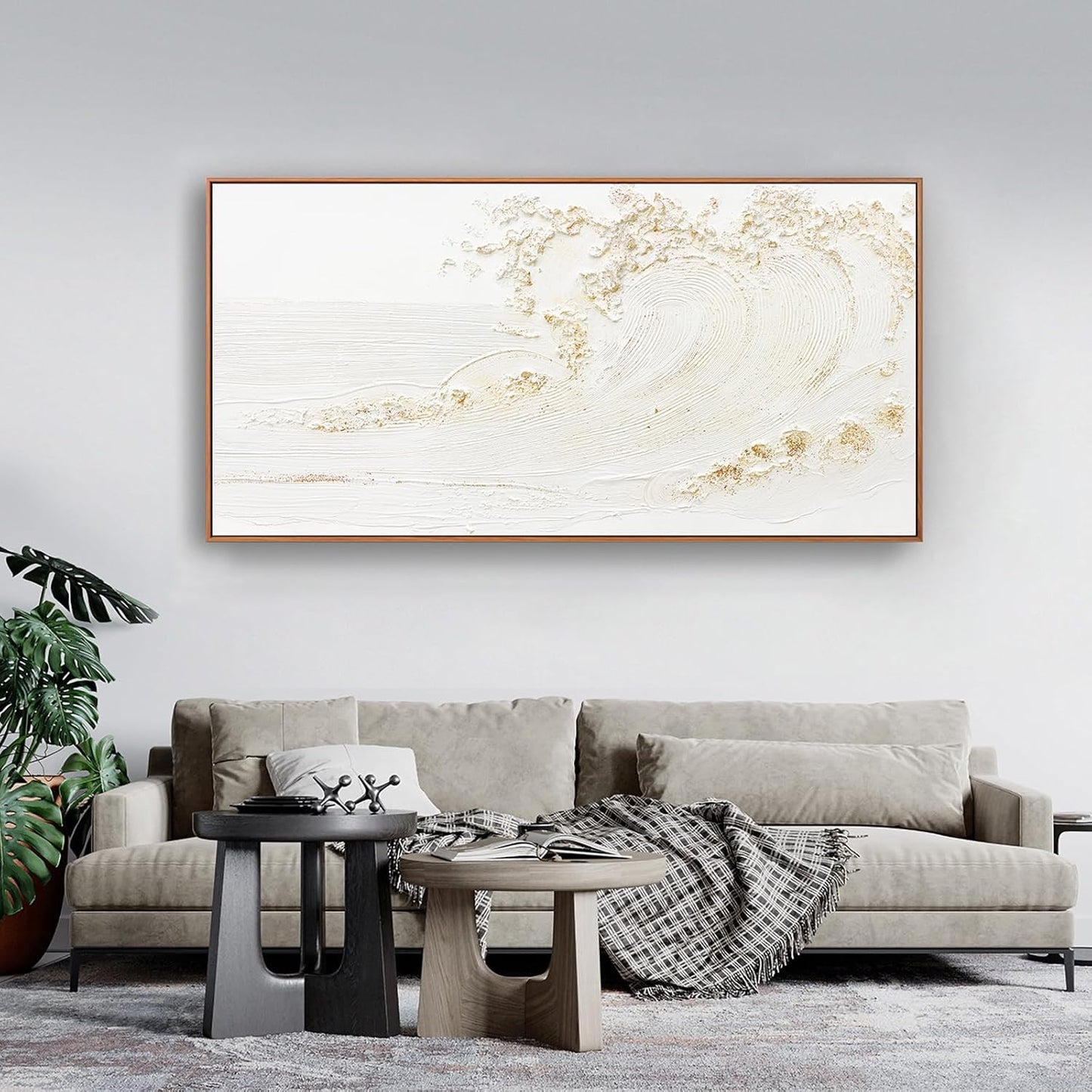 Canvas Wall Art Decor Bedroom Hand Painted White Wave With Golden Embellishments Pictures Decoration Artwork Wall Art Large Modern Painting Pictures For Living Room Home Kitchen Office 29"x58" Inch With Framed