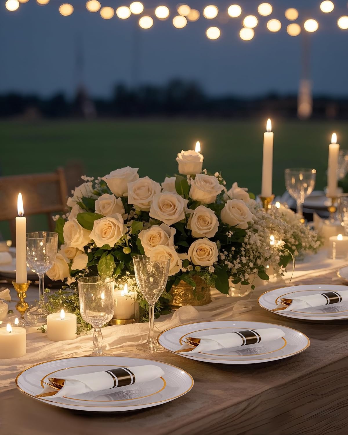 Morejoy 175PCS Pearl White and Gold Plastic Plates - Disposable Gold Party Plates & Pre Rolled Napkins with Cutlery for 25 Guests, 50Plates, 75Silverware, 25Cups, 25Napkin for Party & Thanksgiving