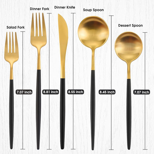 Matte Gold Silverware Set With Black Handle, IBIILII JEFF 40 Pieces Stainless Steel Flatware Set For 8，Kitchen Utensil Set, Tableware Cutlery Set, Knife Spoons And Forks Set, Dishwasher Safe