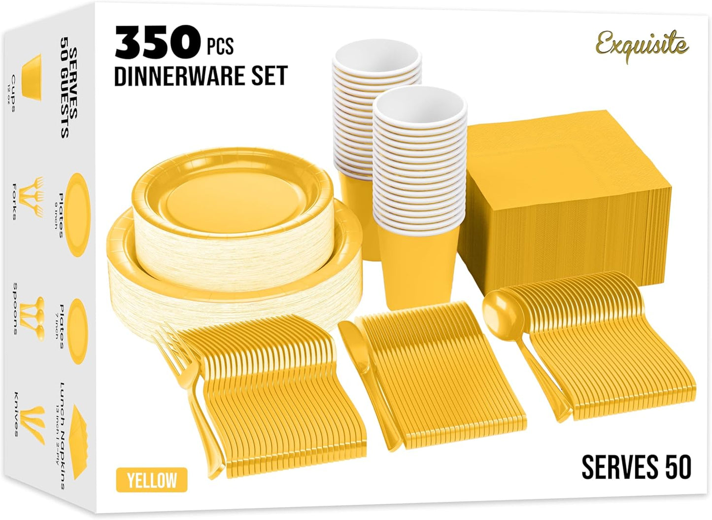 Exquisite 350 Pieces Yellow Paper Plates For Party, Yellow Disposable Plates Set, 50 Of Each 9" Dinner Plate Set, 7" Dessert Plate, Cups, Napkins & Cutlery Paper Dinnerware