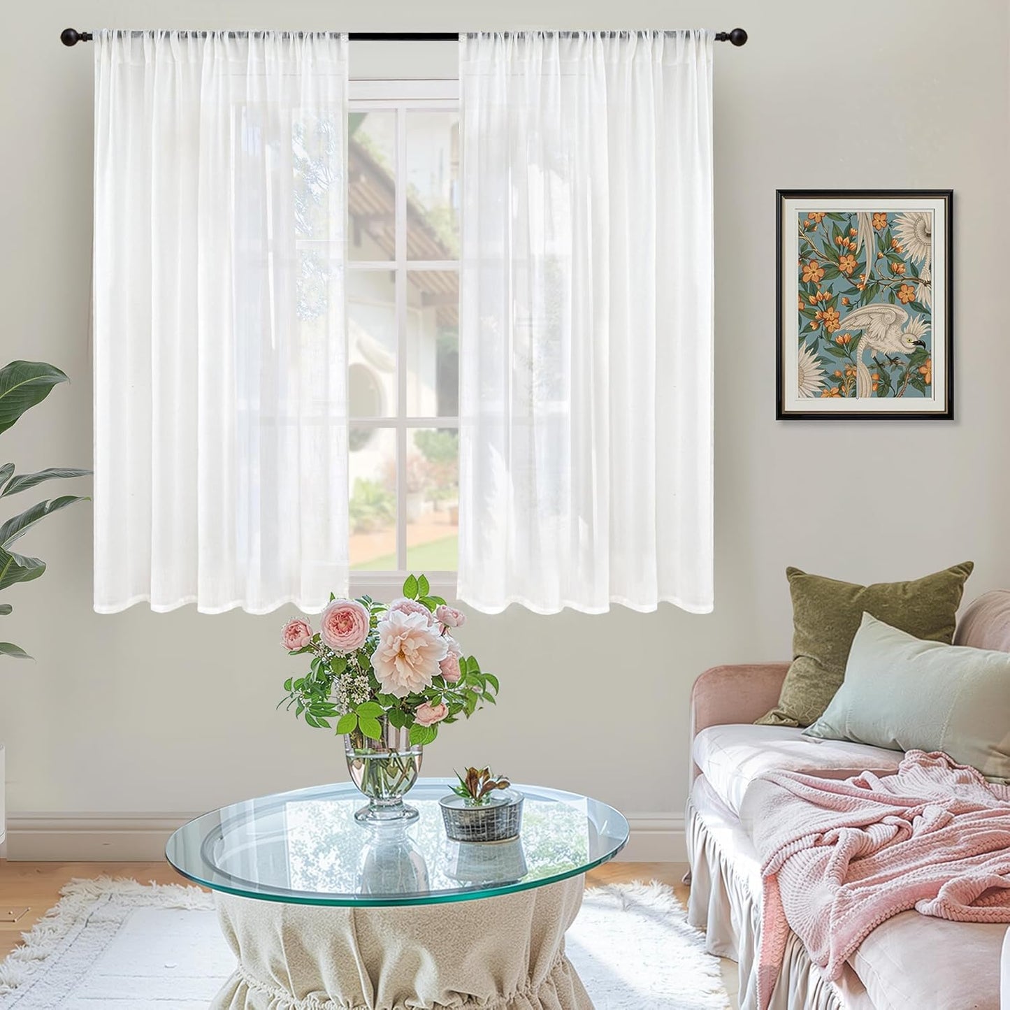 BGment White Linen Semi Sheer Curtains 45 Inch Length for Short Window - Lightweight Drapes Light Filtering with Rod Pocket for Cafe Bedroom Kitchen Bathroom Window, 2 Panels Set, 42 X 45 Inch