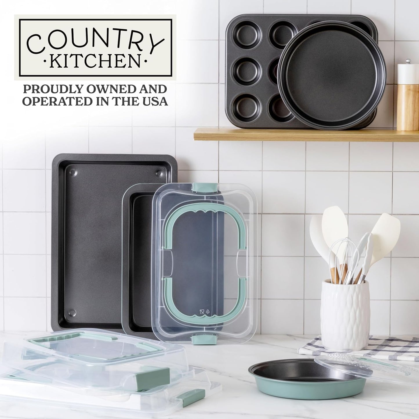 Country Kitchen Baking Pans Set - 10 Piece Non-Stick Cake Pans with Carry Lids for Easy Storage & Travel, Perfect for Parties - Stackable, Sage