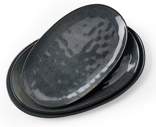 famiware Serving Platter, Oval 15.59/14.3/12.9 inch Serving Dishes for Entertaining, Serving Bowls, Dishwasher Safe, Fine Stonware Serving Trays for Party, Turkey, Cheese, Reactive Glaze, Deep Forest