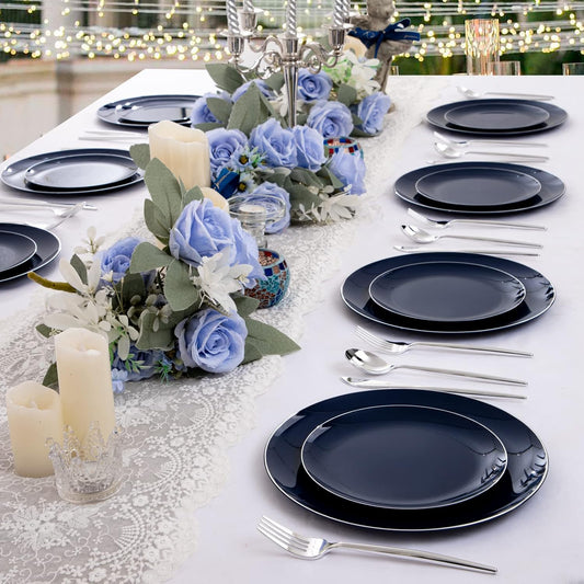 I00000 150Pcs Blue Plastic Plates,Heavy Duty Navy Blue Disposable Plates with Disposable Silverware include 30Pcs10.25' Dinner Plates,30Pcs 10.25' Dessert Plates, 90 Silver Silverware Set for Party