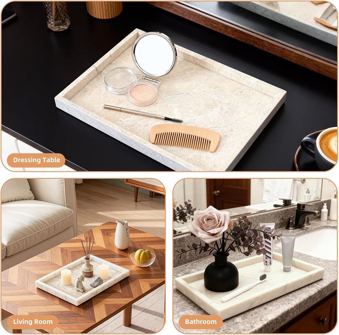 Yew & Tulip Natural Marble Vanity Tray, Luxury Stone with Beige Textures Serving Tray for Bathroom, Kitchen, Vanity, Home Decor, Wedding etc. (12" x 8" x 1.2")