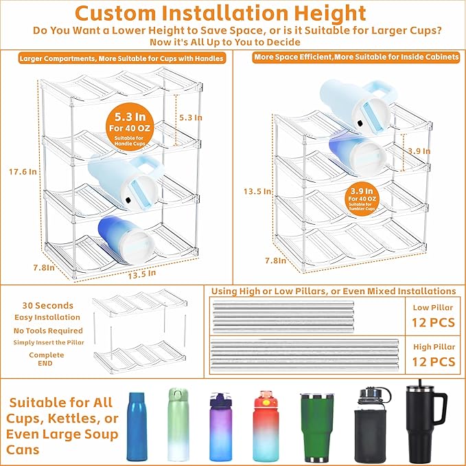 Yieach Larger Compartments Stackable Water Bottle Organizer for 40 oz Stanley Cup Holder,Yeti and Other Tumbler Organizer,3 Tier Wine Rack and Waterbottle Storage Rack for Kitchen Cabinets,Countertop