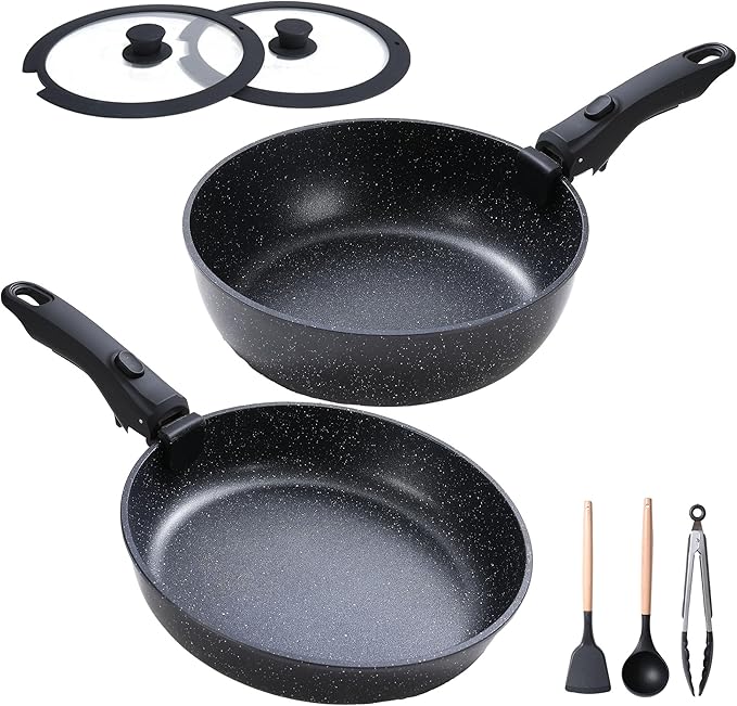 Frying Pan Set with Lid Nonstick Kitchen Cooking Pans 10” Skillets Pots and Pans Set with Detachable Handle Spatula Ladle Tong Induction Cookware Black 3.3QT and 10" Frying Pan Skillet